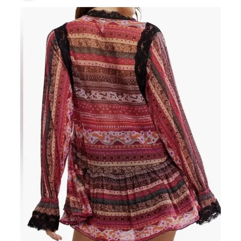 Free People Natalie Boho Printed Long Sleeve Top in Plum Red Lace‎ Black Sm